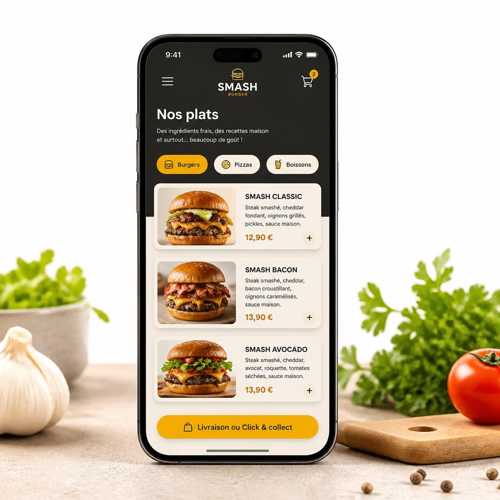 Aperçu d'un site food bibi sur mobile avec la carte d'un restaurant et le choix livraison ou click and collect